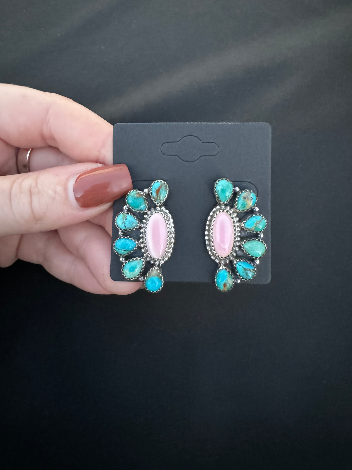 Pink conch and Kingman turquoise half cluster stud earrings