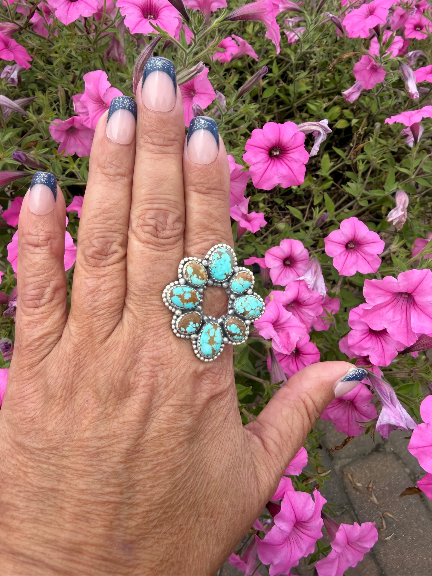 #8 turquoise open center cluster adjustable ring