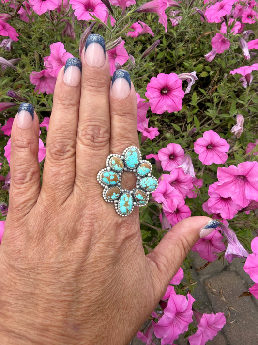 #8 turquoise open center cluster adjustable ring