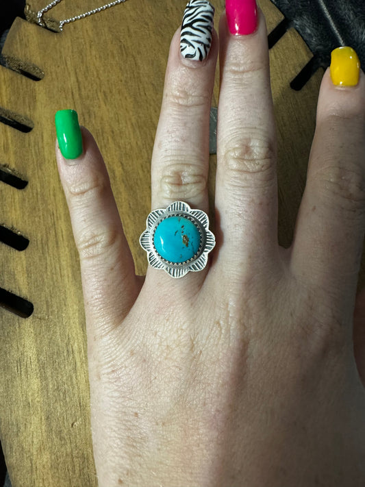 Sz 7 morenci round turquoise ring with stamp work