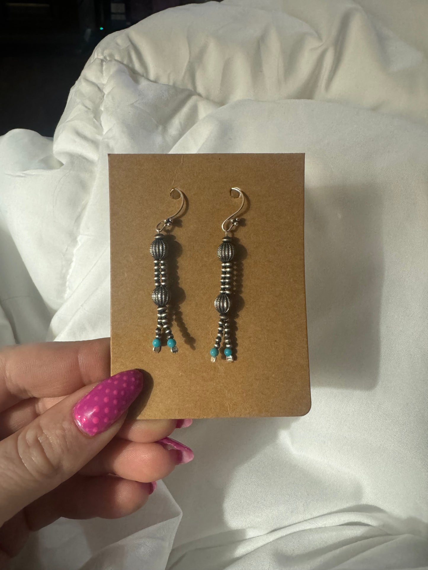 Pearl melon and turquoise split dangle earrings