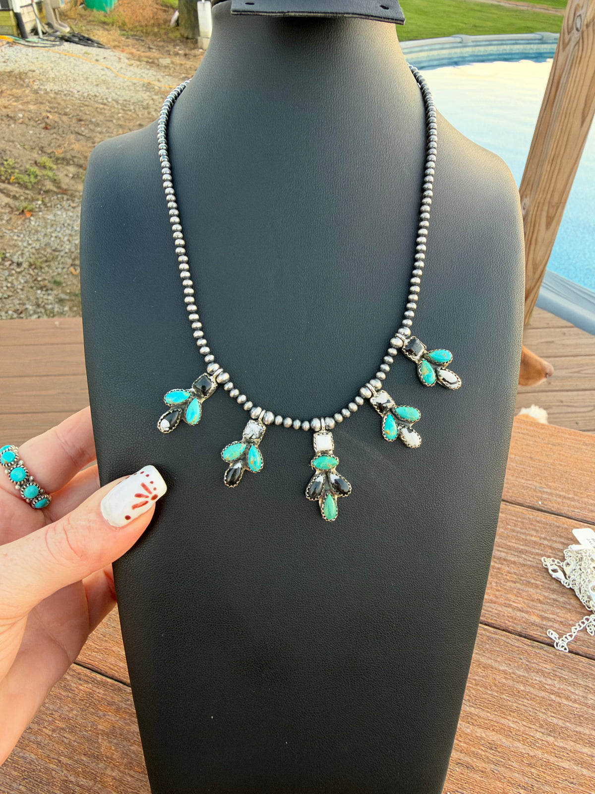 White buffalo and Kingman turquoise on pearls