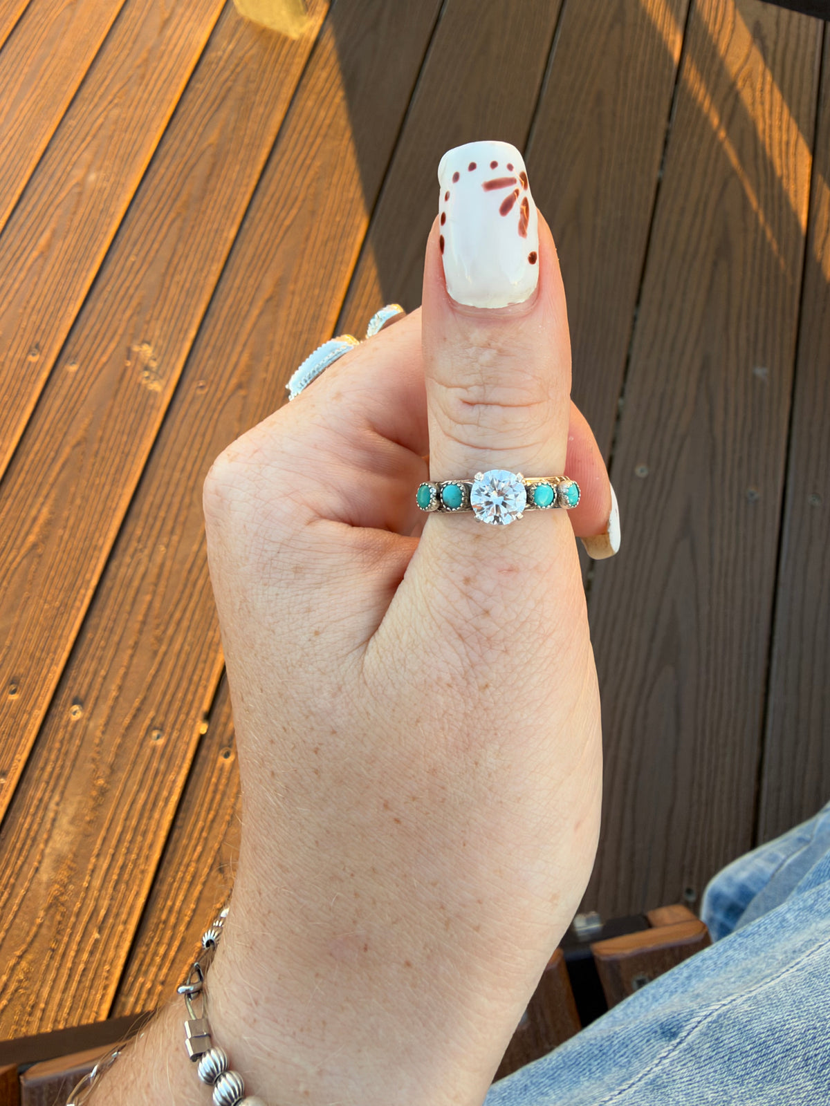 Moissanite 1ct and turquoise ring on stamped band sz 8