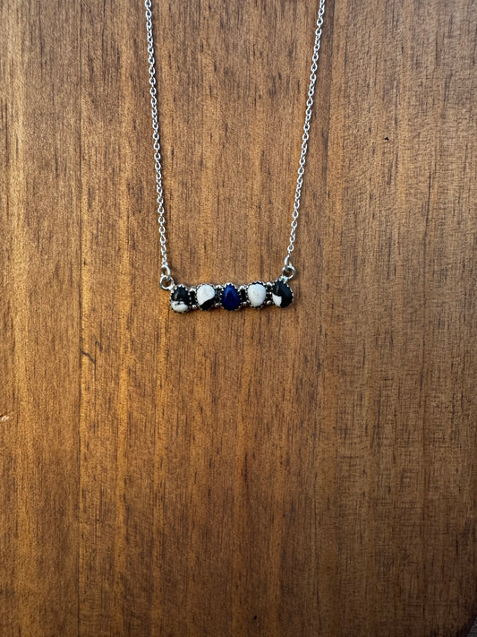 White Buffalo and lapis dainty bar necklace