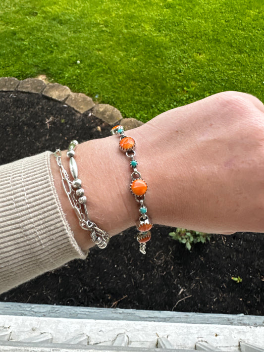 Orange spiny and Kingman turquoise chain bracelet