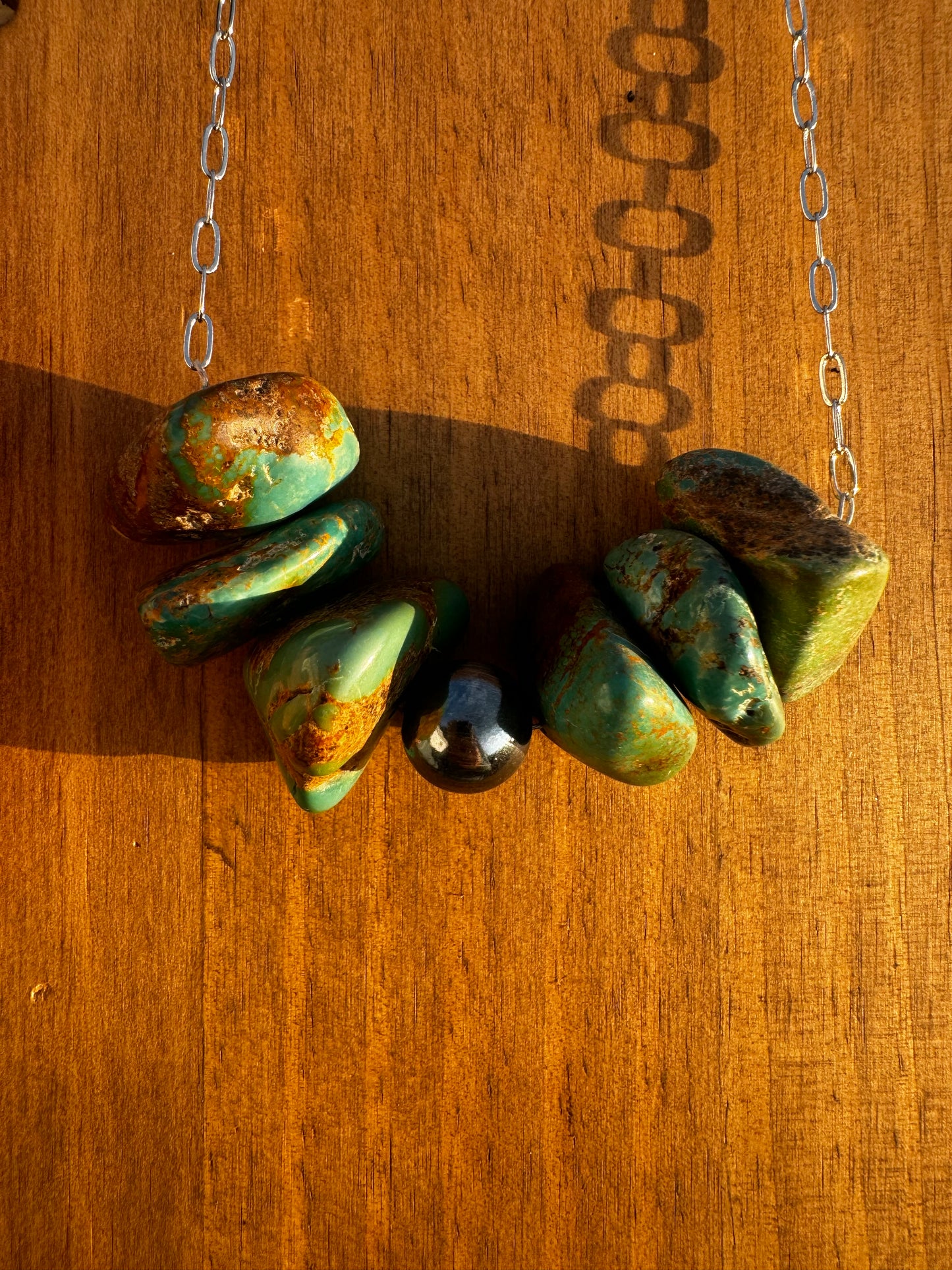16” chunky turquoise and pearl bar necklace