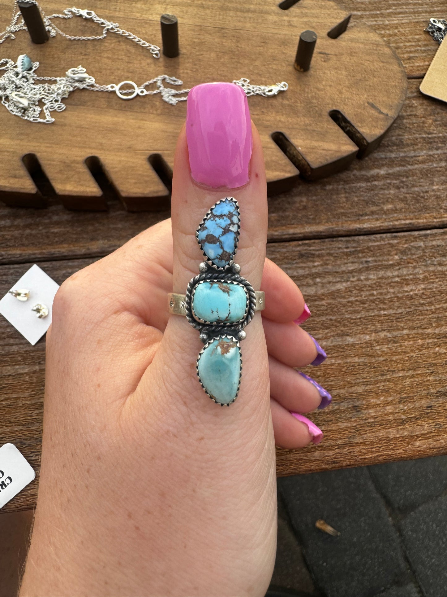 Three stone golden hills turquoise ring with adjustable stamped band