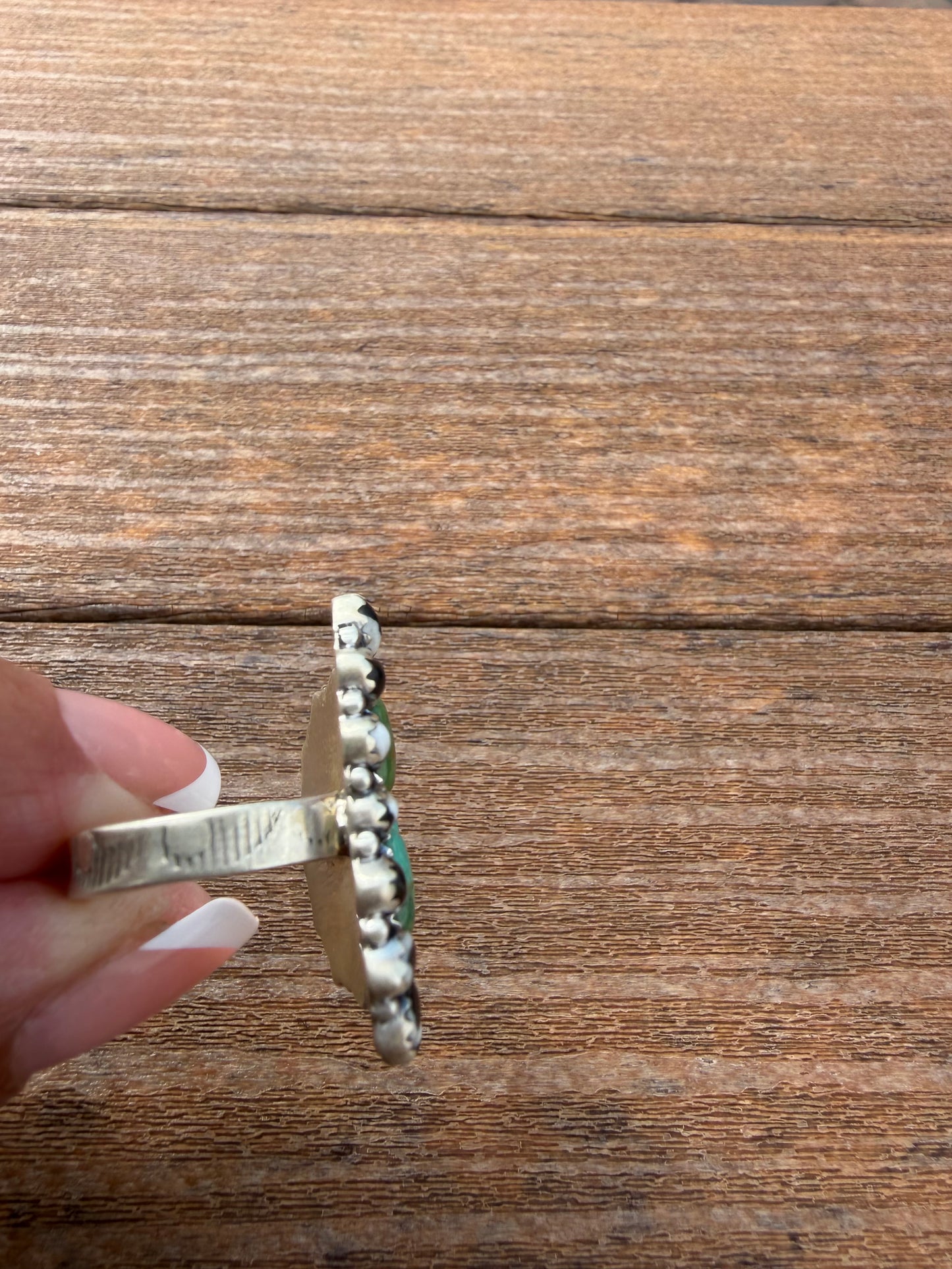 Kingman turquoise and white buffalo floater cluster ring