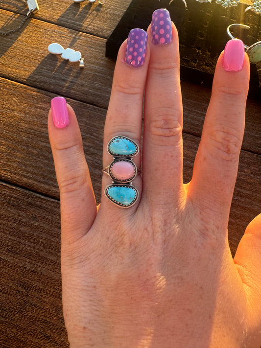 Sz 7 bluebird turquoise and pink opal ring