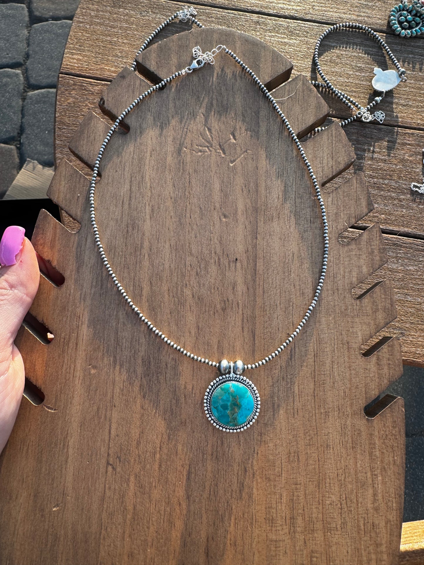 Kingman turquoise necklace on dainty pendants