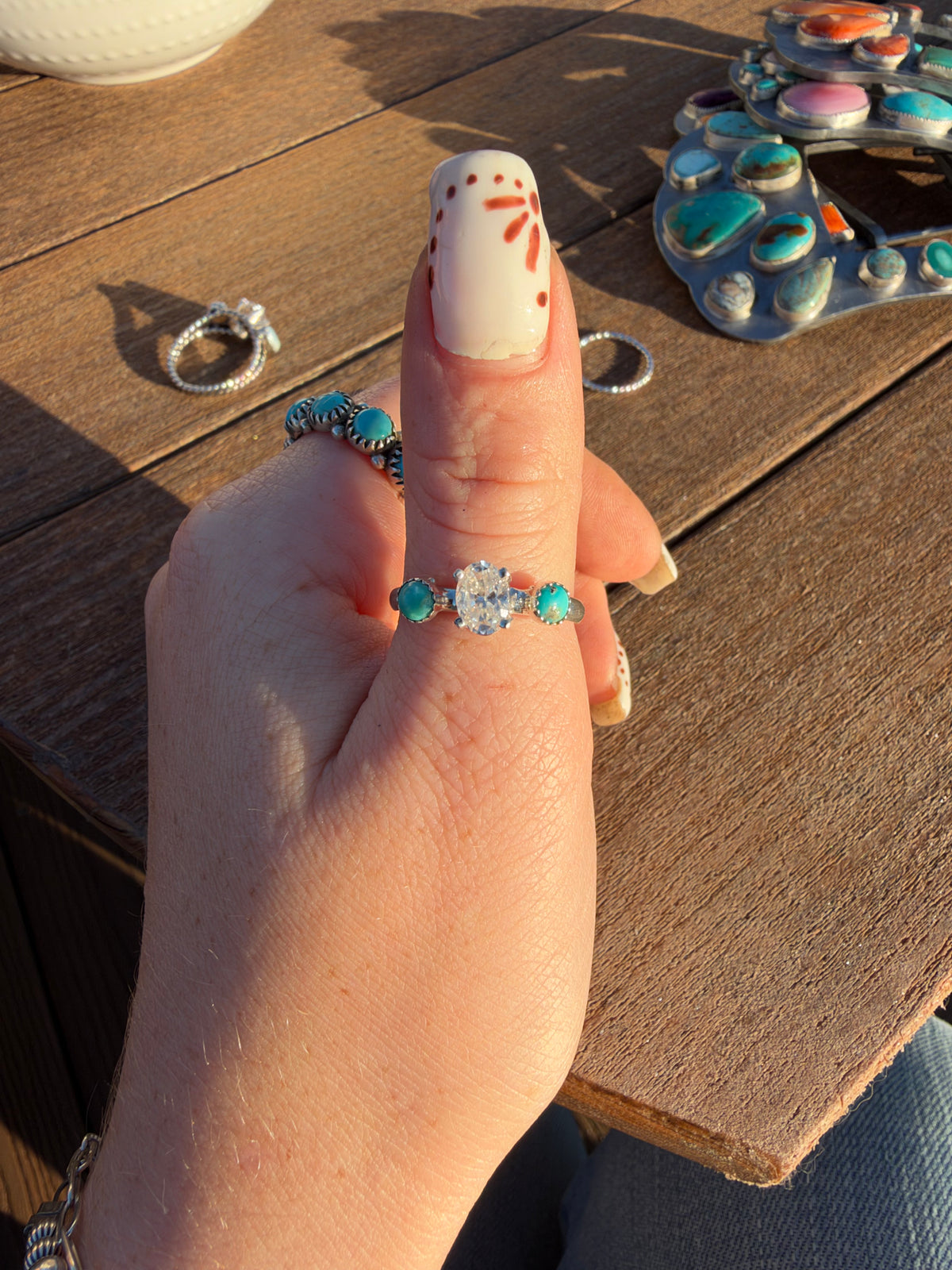 Turquoise and 1ct moissanite ring sz 8.5