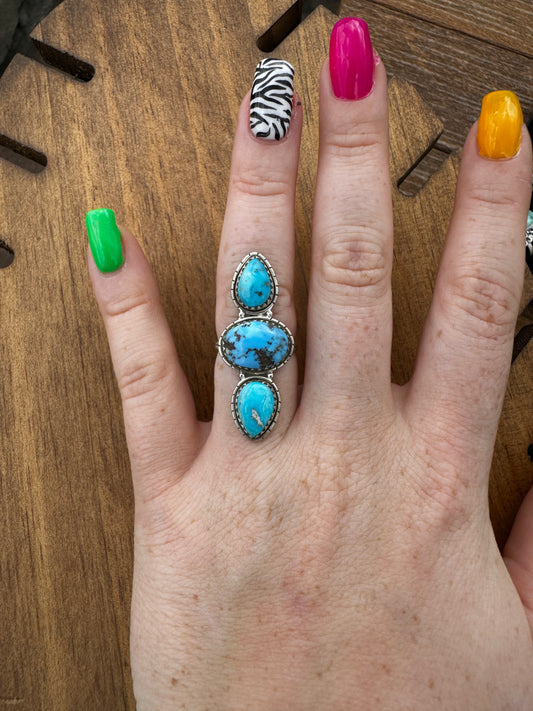 Sz 6 golden hills turquoise and whitewater 3 stone ring