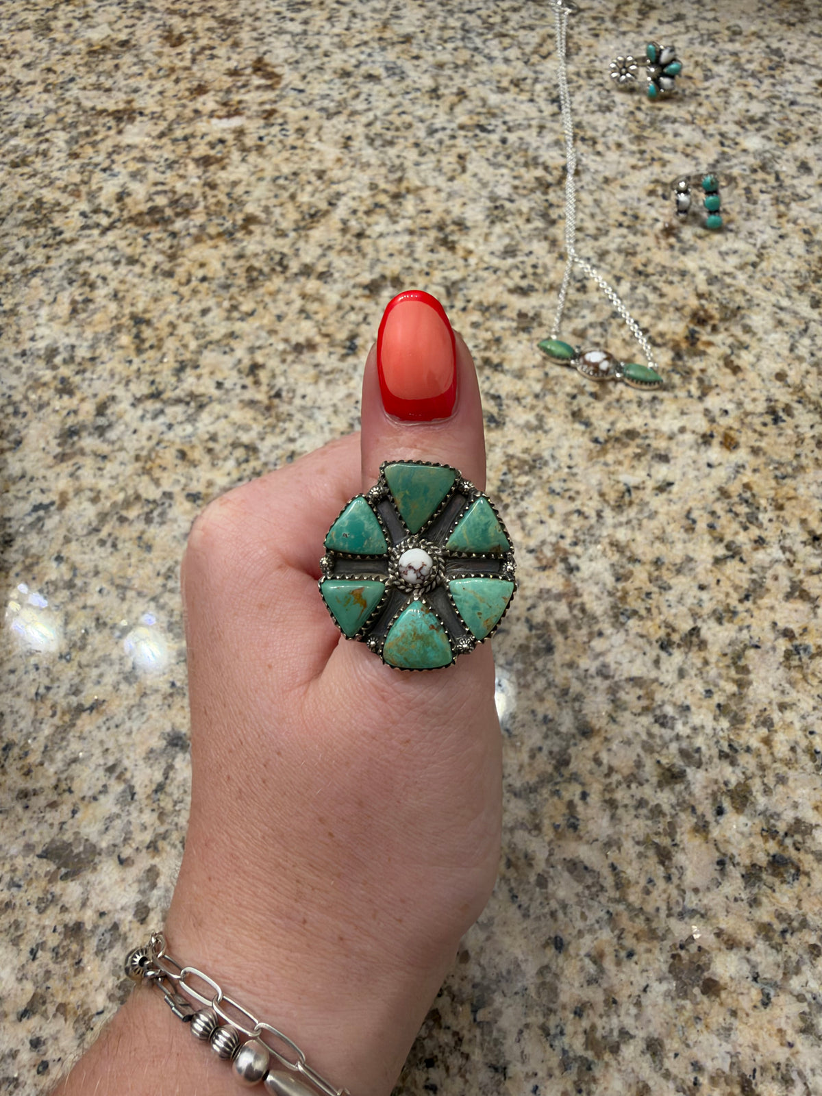 Pilot mountain turquoise and wild horse adjustable cluster ring